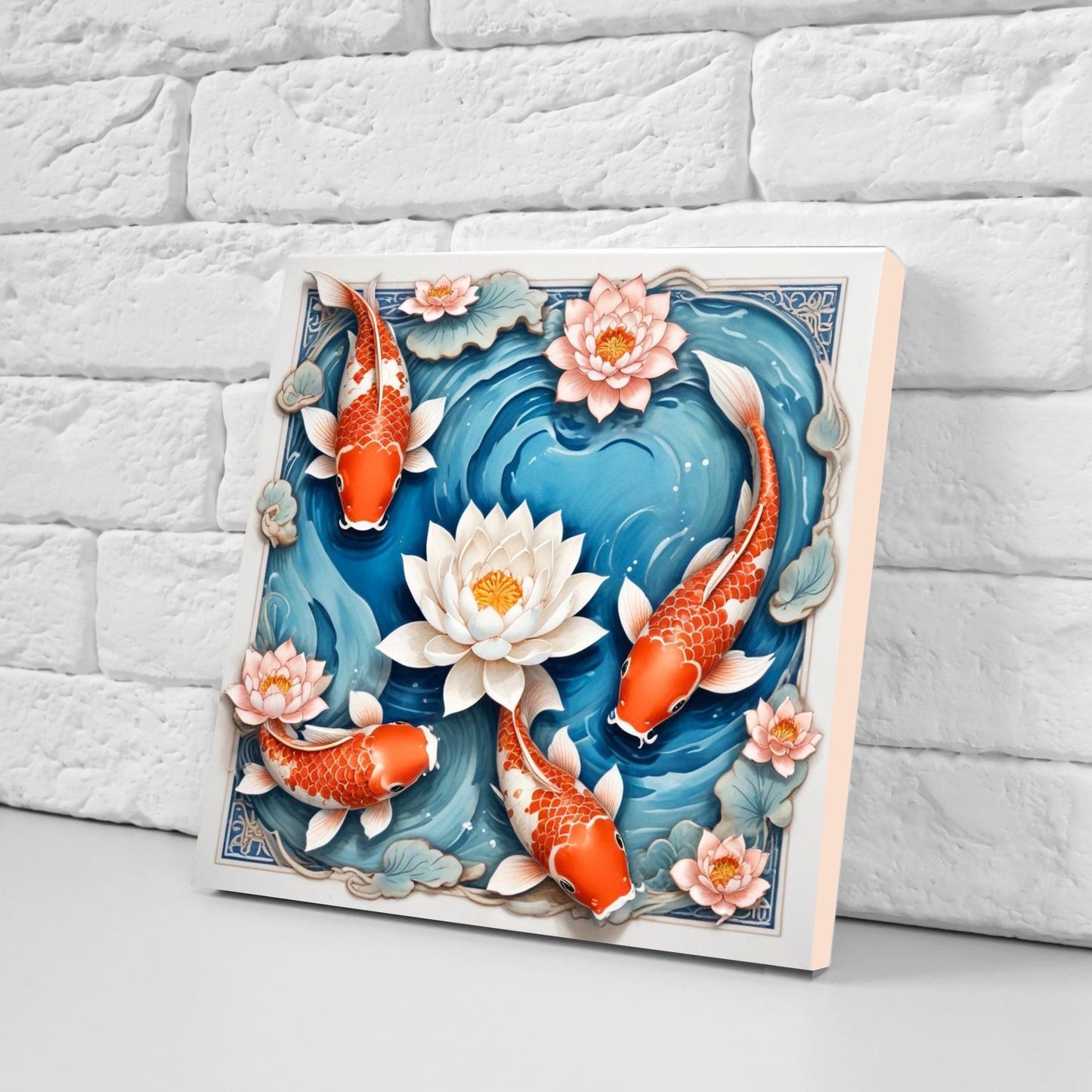 Koi Fish Ceramic Tile - Japanese Tiles -Set of 2 Wall Decor Tiles -Kitchen Backsplash Tiles,Table Decorative Tiles,Bathroom, Coaster