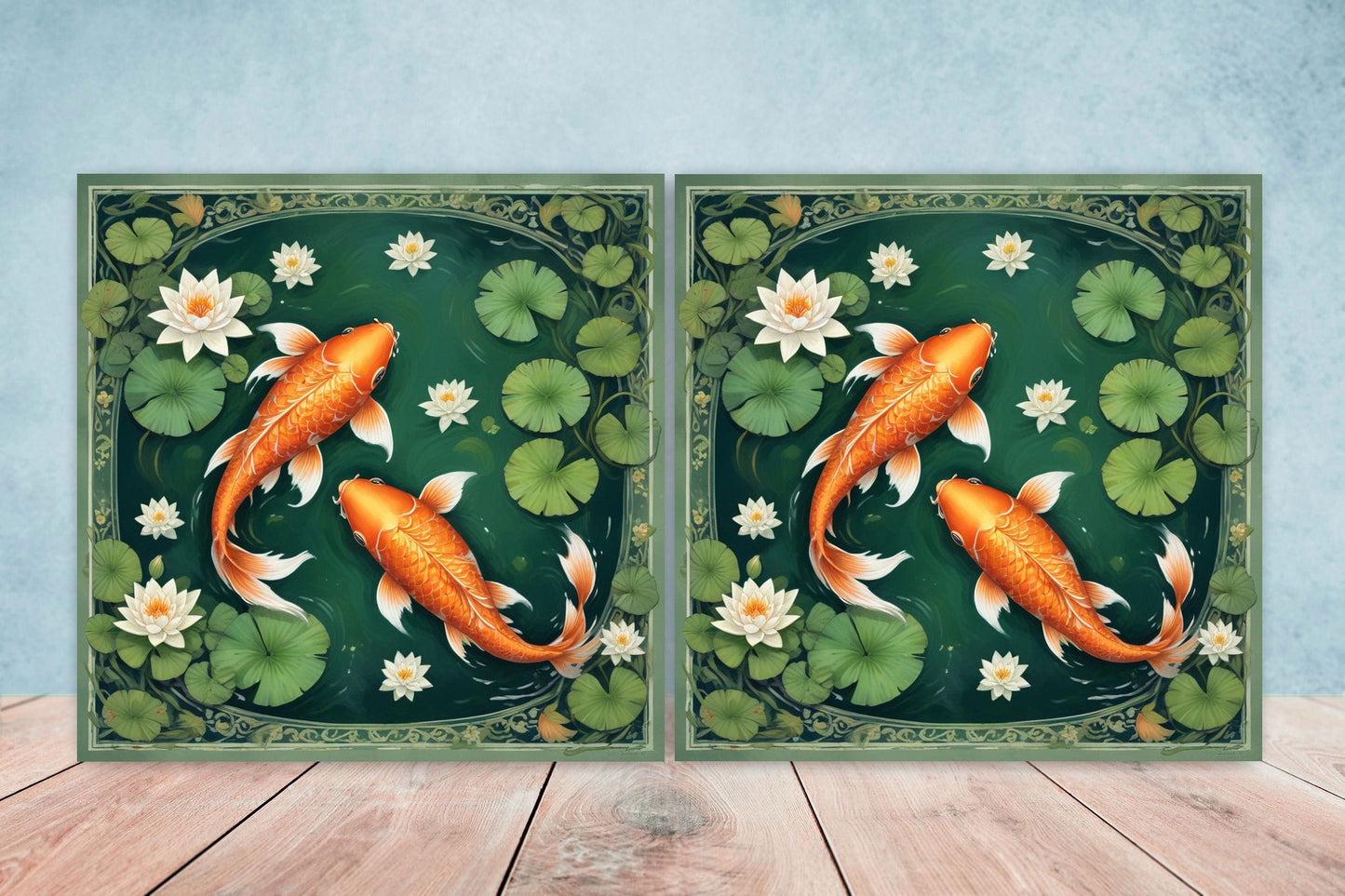 Koi Fish Ceramic Tile - Japanese Tiles -Set of 2 Wall Decor Tiles -Kitchen Backsplash Tiles,Table Decorative Tiles,Bathroom, Coaster
