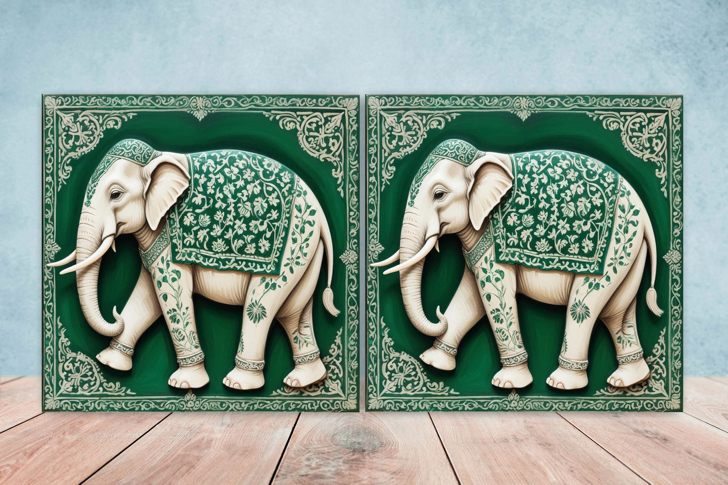 Indian Elephant Ceramic Gloss Wall Tiles Set of 2 - Elephant Wall Art Print - Elephant Mughal art - Elephant Home Decor - Elephant print