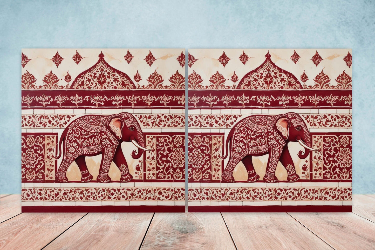 Indian Elephant Ceramic Gloss Wall Tiles Set of 2 - Elephant Wall Art Print - Elephant Mughal art - Elephant Home Decor - Elephant print