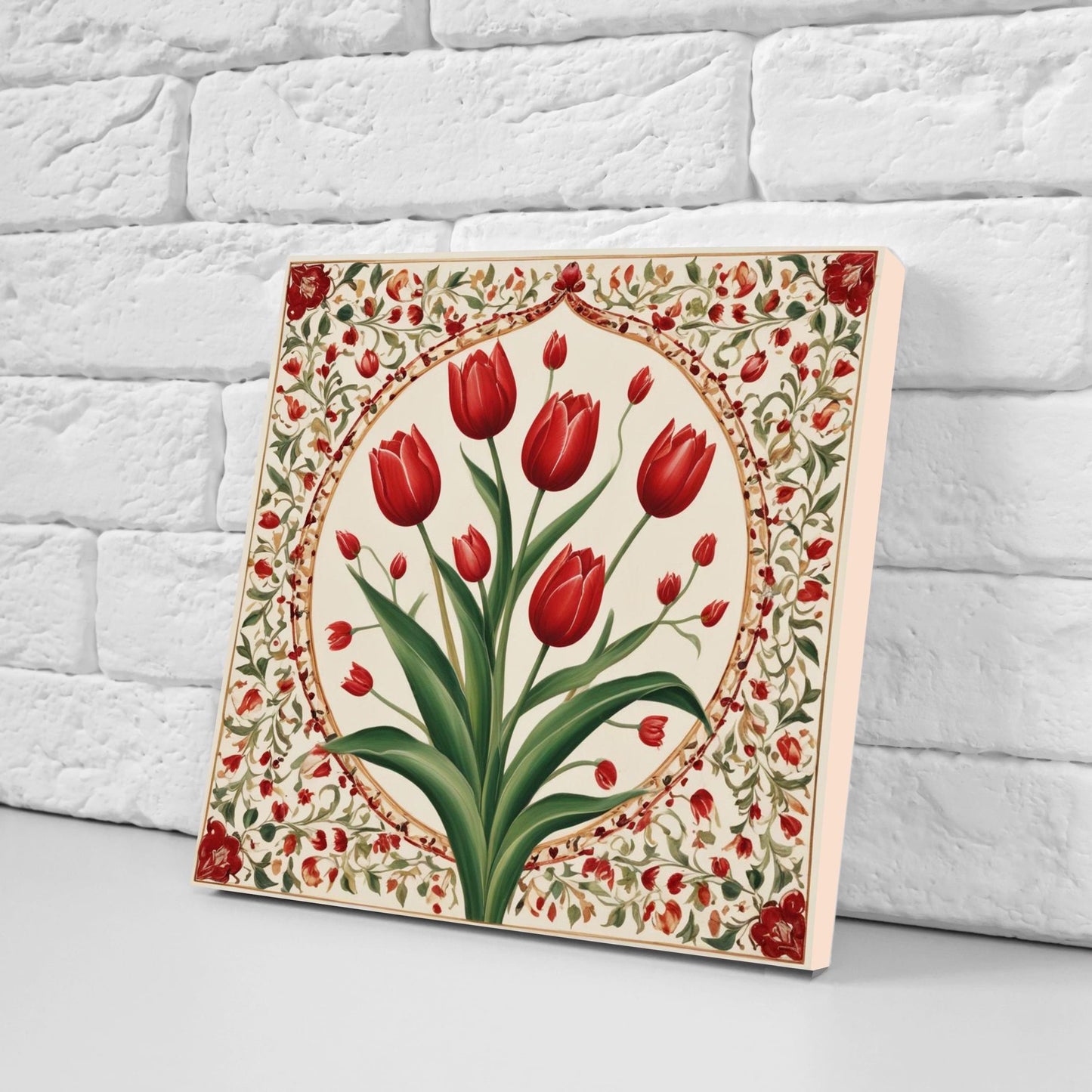 Flower Ceramic Gloss Wall Tiles Set of 2 - Tulip Wall Art Print - Indian Mughal art - Floral Home Decor - Tulips print - Mughal Wall Art