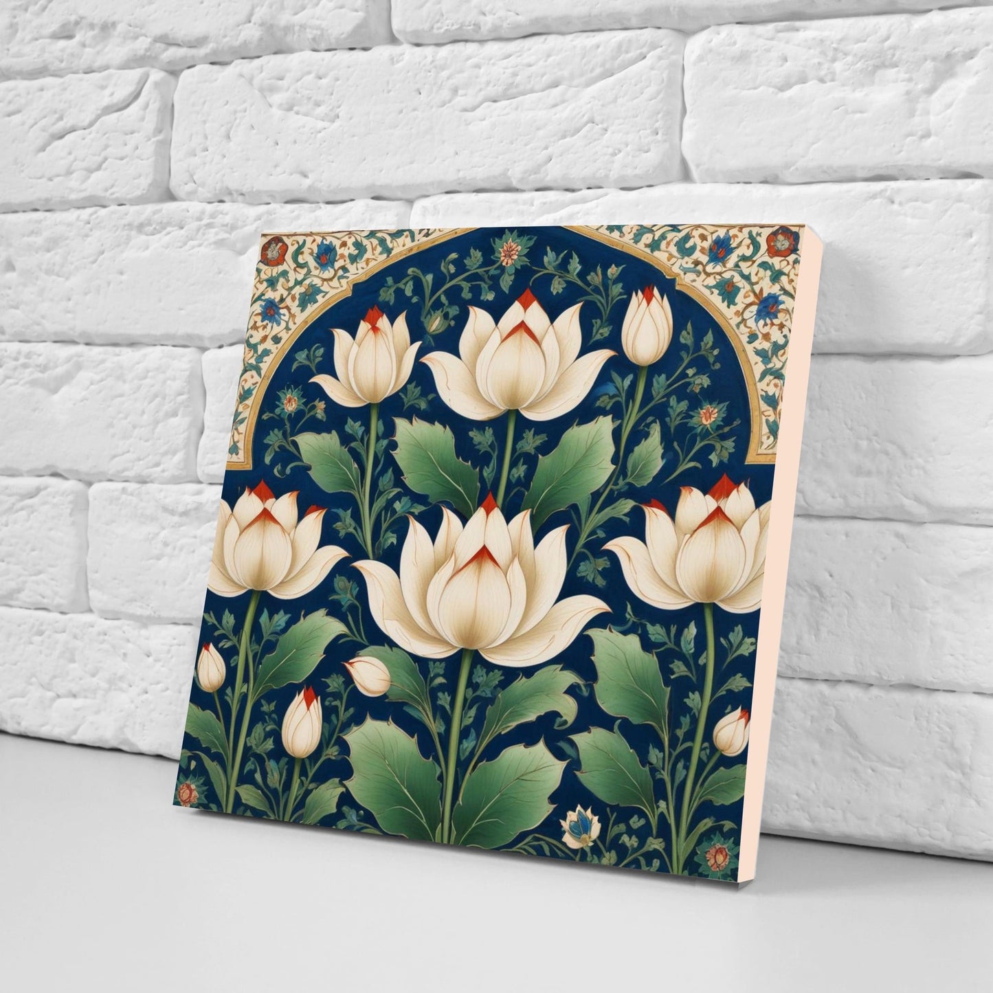 Flower Ceramic Gloss Wall Tiles Set of 2 - Lotus Wall Art Print - Indian Mughal art - Floral Home Decor - Lotus print - Mughal Wall Art