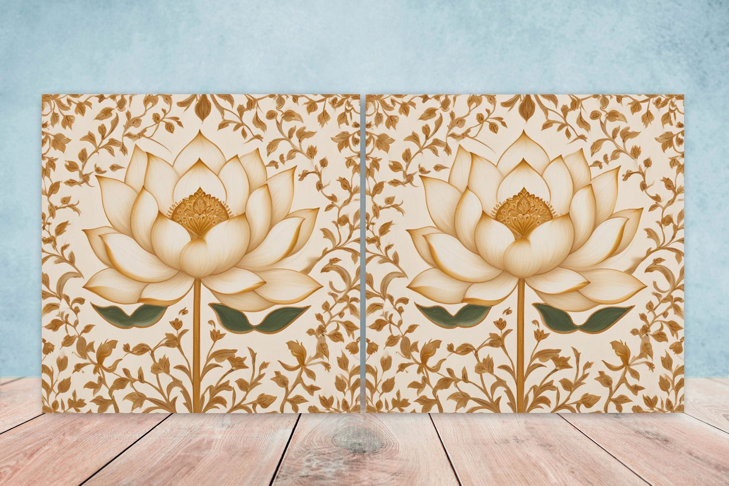 Flower Ceramic Gloss Wall Tiles Set of 2 - Lotus Wall Art Print - Indian Mughal art - Floral Home Decor - Lotus print - Mughal Wall Art