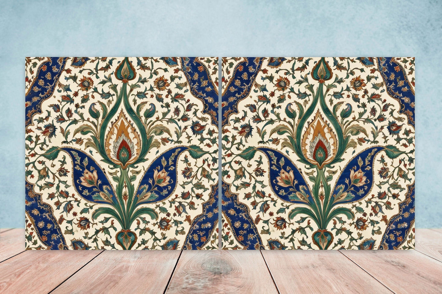 Flower Ceramic Gloss Wall Tiles Set of 2 - Botanical Wall Art Print - Indian Mughal art - Floral Home Decor - Botanical print - Mughal Wall