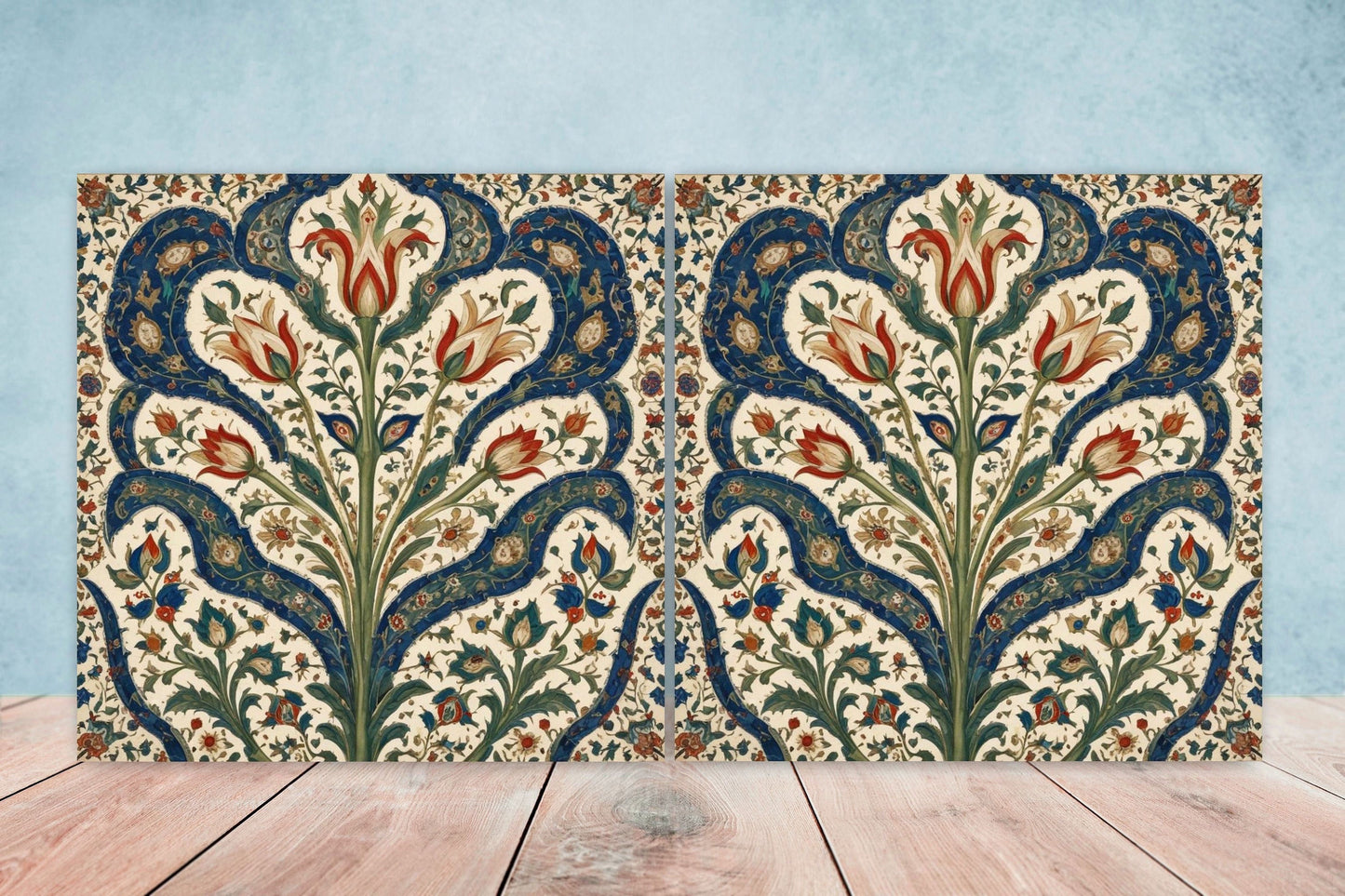Flower Ceramic Gloss Wall Tiles Set of 2 - Botanical Wall Art Print - Indian Mughal art - Floral Home Decor - Botanical print - Mughal Wall