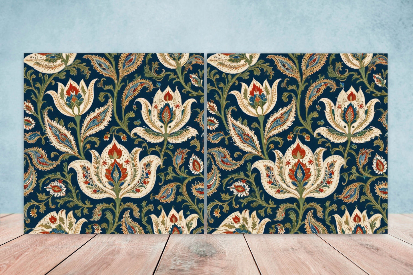 Flower Ceramic Gloss Wall Tiles Set of 2 - Botanical Wall Art Print - Indian Mughal art - Floral Home Decor - Botanical print - Mughal Wall
