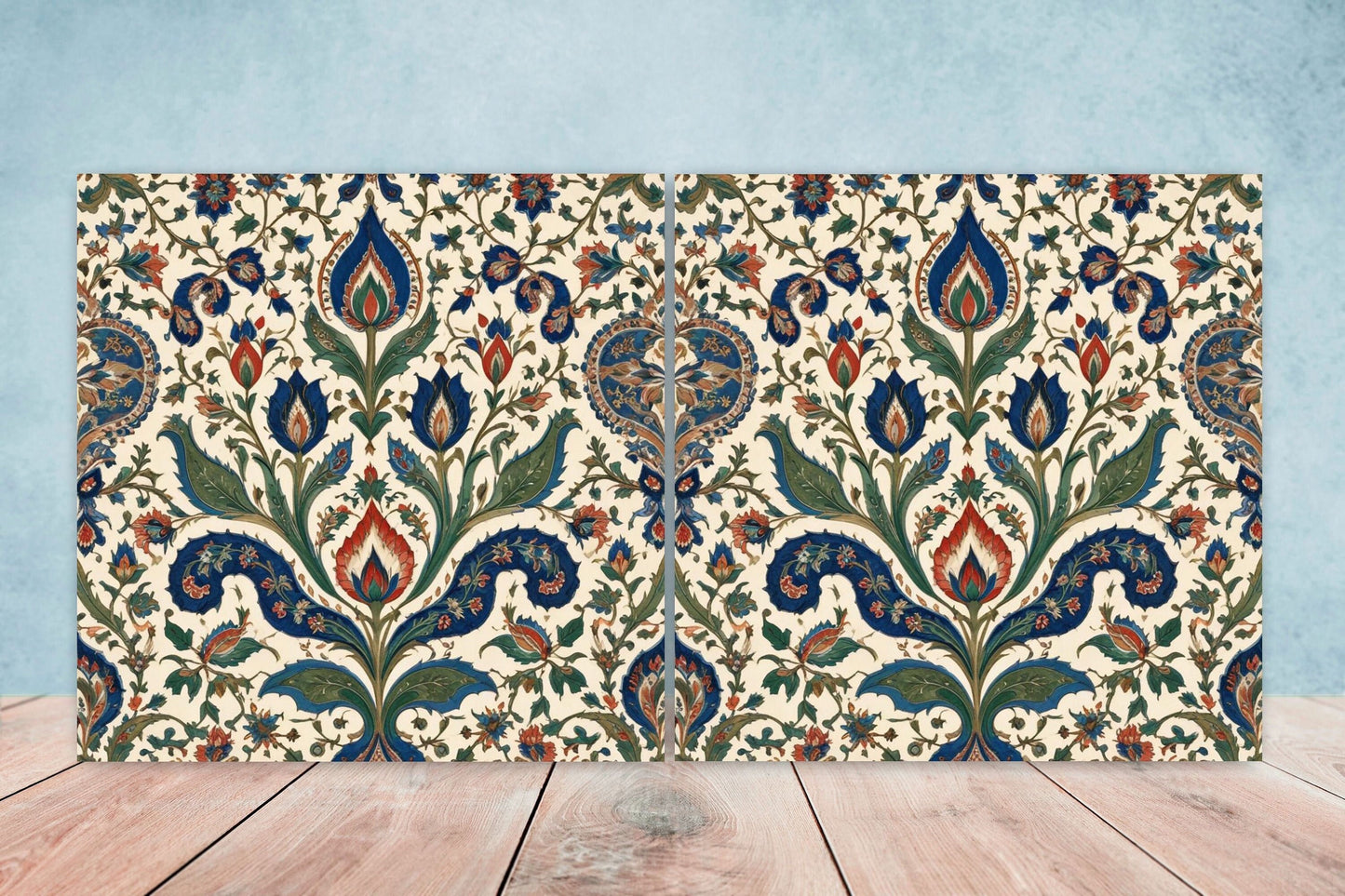 Flower Ceramic Gloss Wall Tiles Set of 2 - Botanical Wall Art Print - Indian Mughal art - Floral Home Decor - Botanical print - Mughal Wall