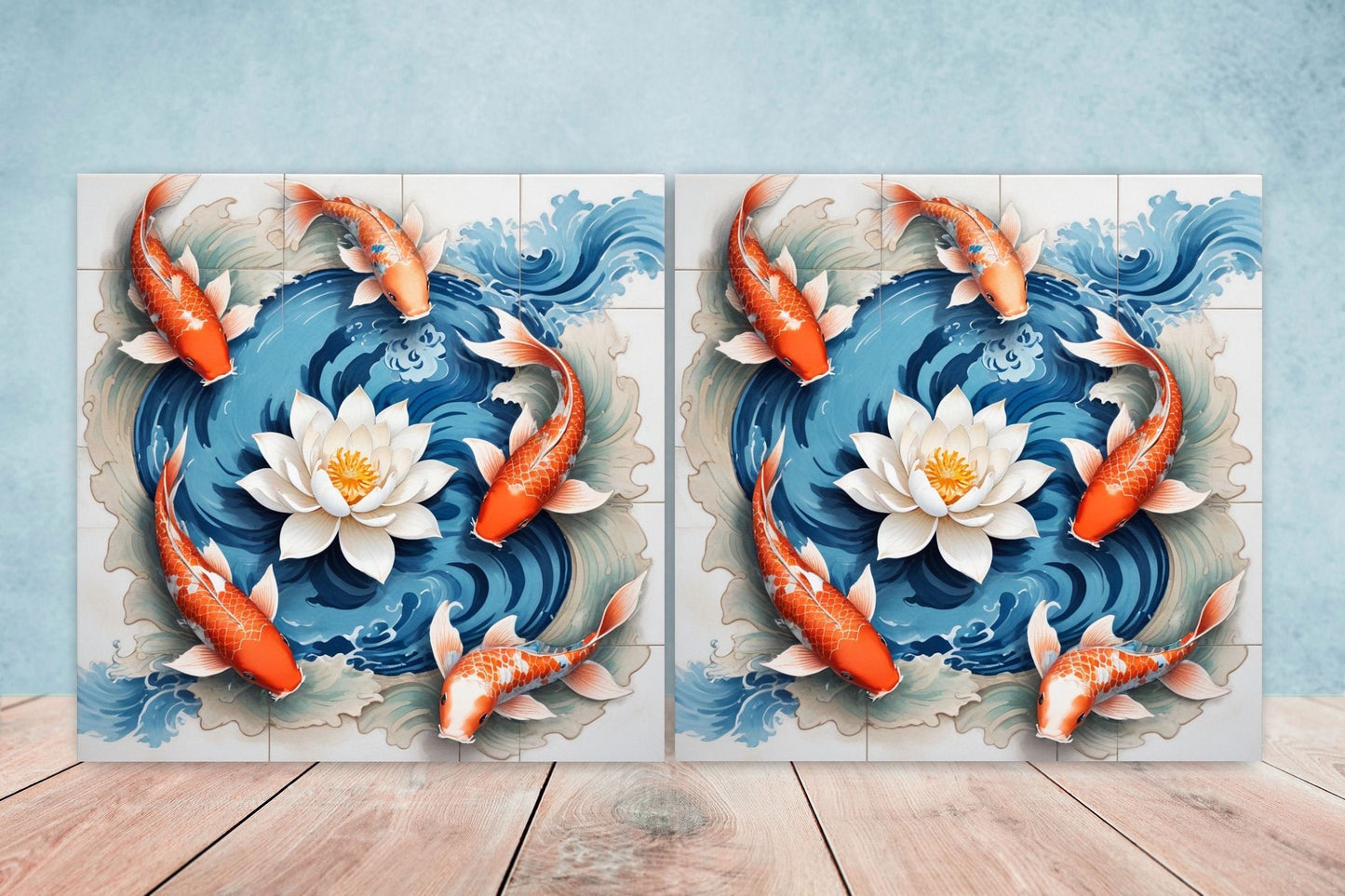Koi Fish Ceramic Tile - Japanese Tiles -Set of 2 Wall Decor Tiles -Kitchen Backsplash Tiles,Table Decorative Tiles,Bathroom, Coaster