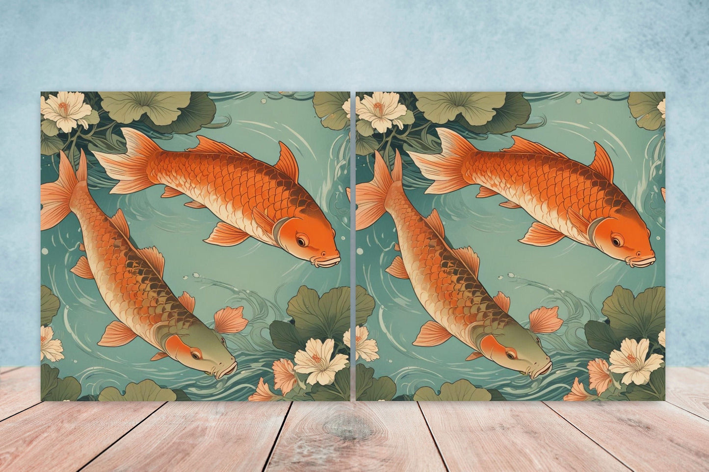 Koi Fish Ceramic Tile - Japanese Tiles -Set of 2 Wall Decor Tiles -Kitchen Backsplash Tiles,Table Decorative Tiles,Bathroom, Coaster