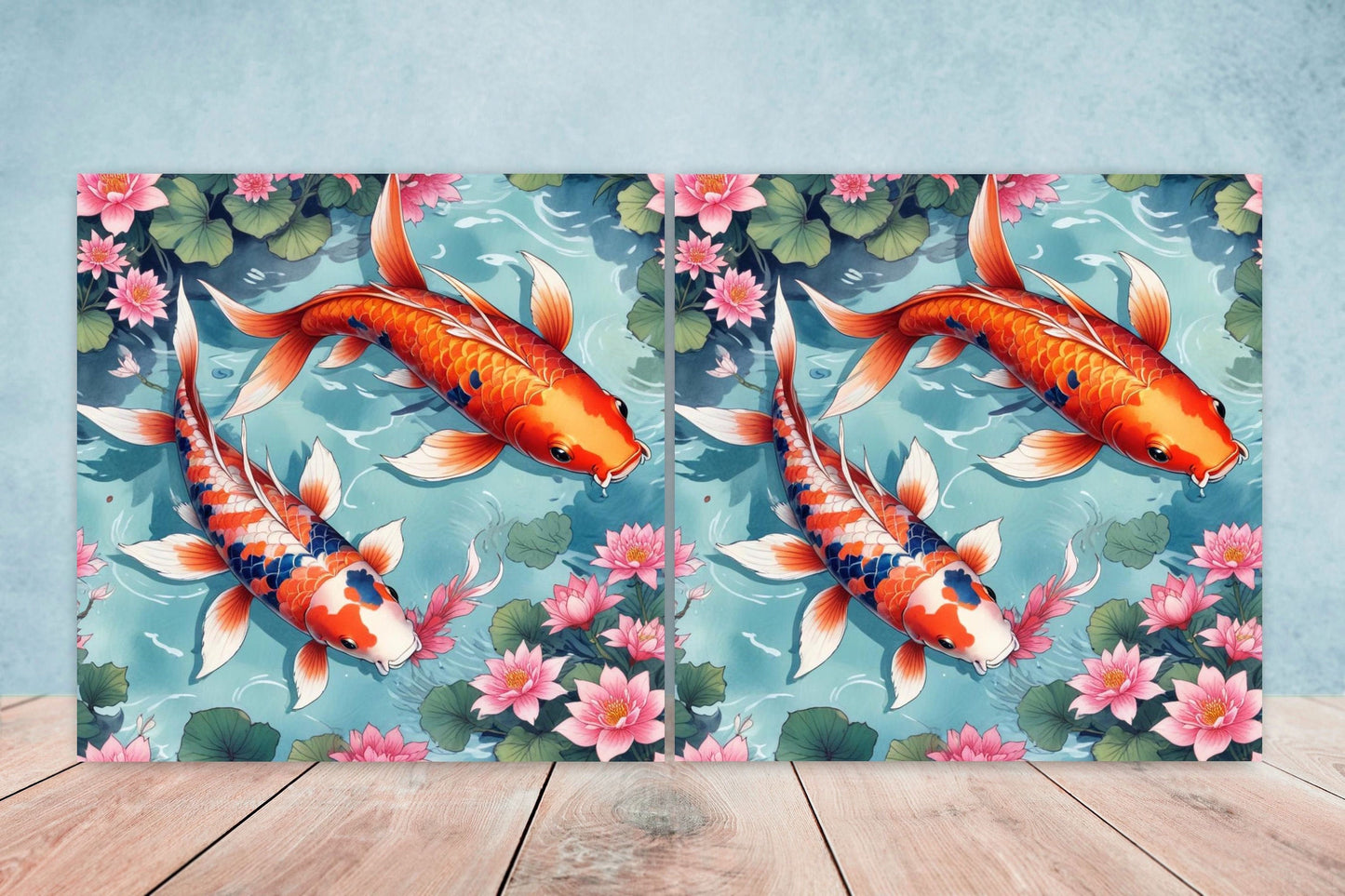 Koi Fish Ceramic Tile - Japanese Tiles -Set of 2 Wall Decor Tiles -Kitchen Backsplash Tiles,Table Decorative Tiles,Bathroom, Coaster