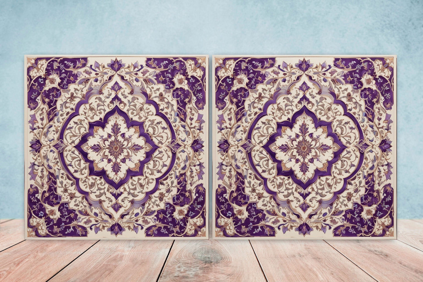 Flower Ceramic Gloss Wall Tiles Set of 2 - Botanical Wall Art Print - Indian Mughal art - Floral Home Decor - Botanical print - Mughal Wall