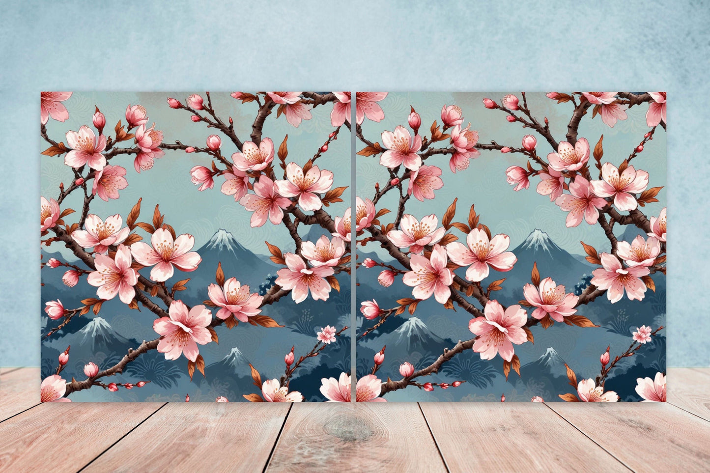 Cherry Blossom Ceramic Tiles Japanese Flower Design - Set of 2 Wall Décor Tiles - Kitchen Backsplash Tiles, Decorative Tiles, Bathroom Tiles