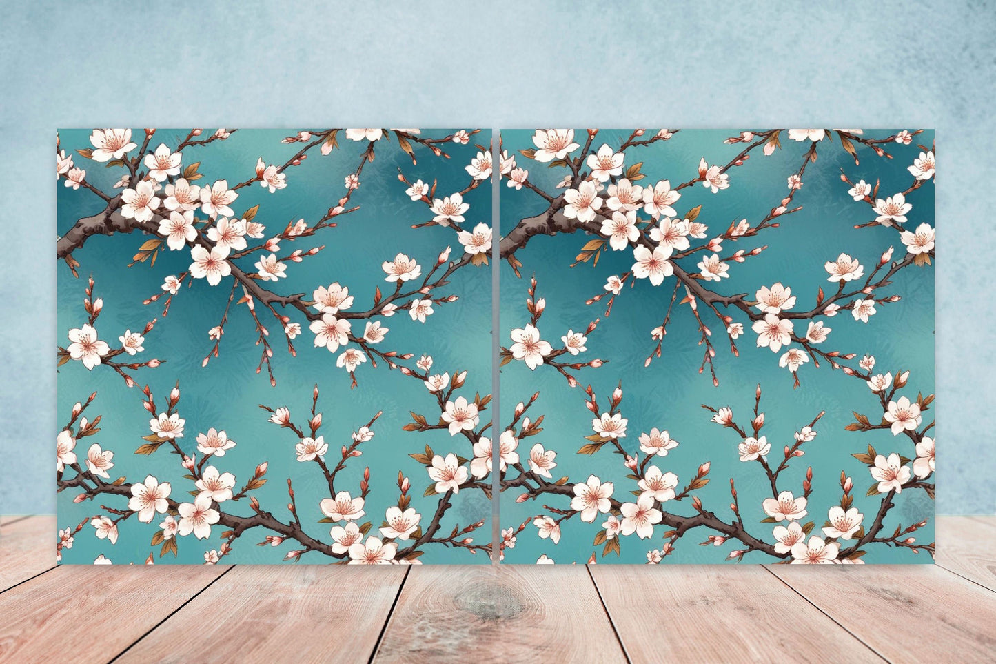 Cherry Blossom Ceramic Tiles Japanese Flower Design - Set of 2 Wall Décor Tiles - Kitchen Backsplash Tiles, Decorative Tiles, Bathroom Tiles