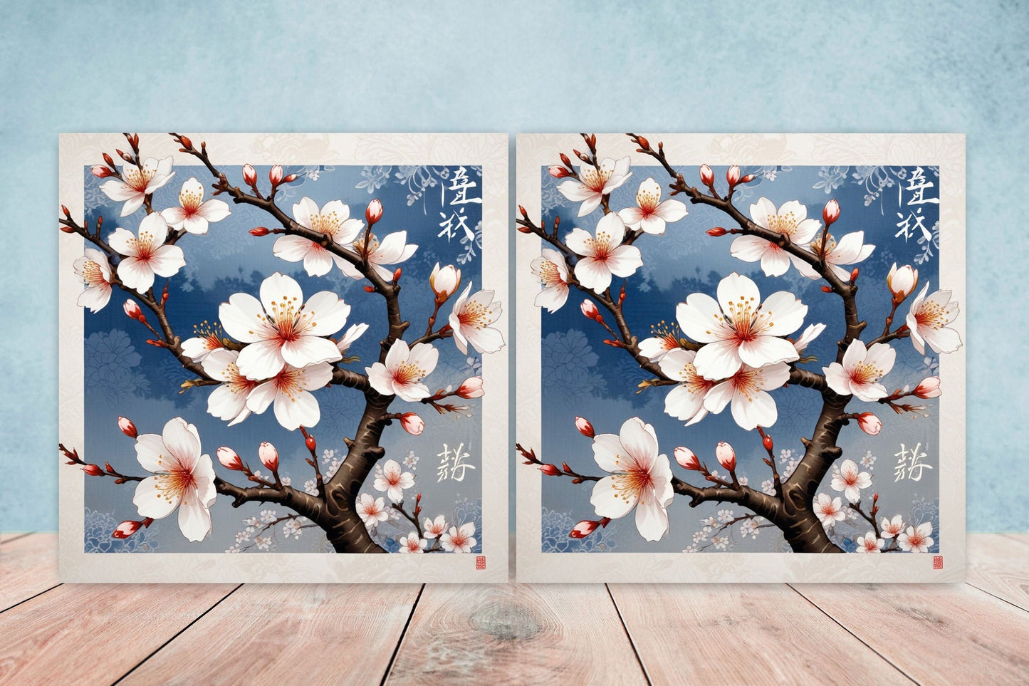 Cherry Blossom Ceramic Tiles Japanese Flower Design - Set of 2 Wall Décor Tiles - Kitchen Backsplash Tiles, Decorative Tiles, Bathroom Tiles