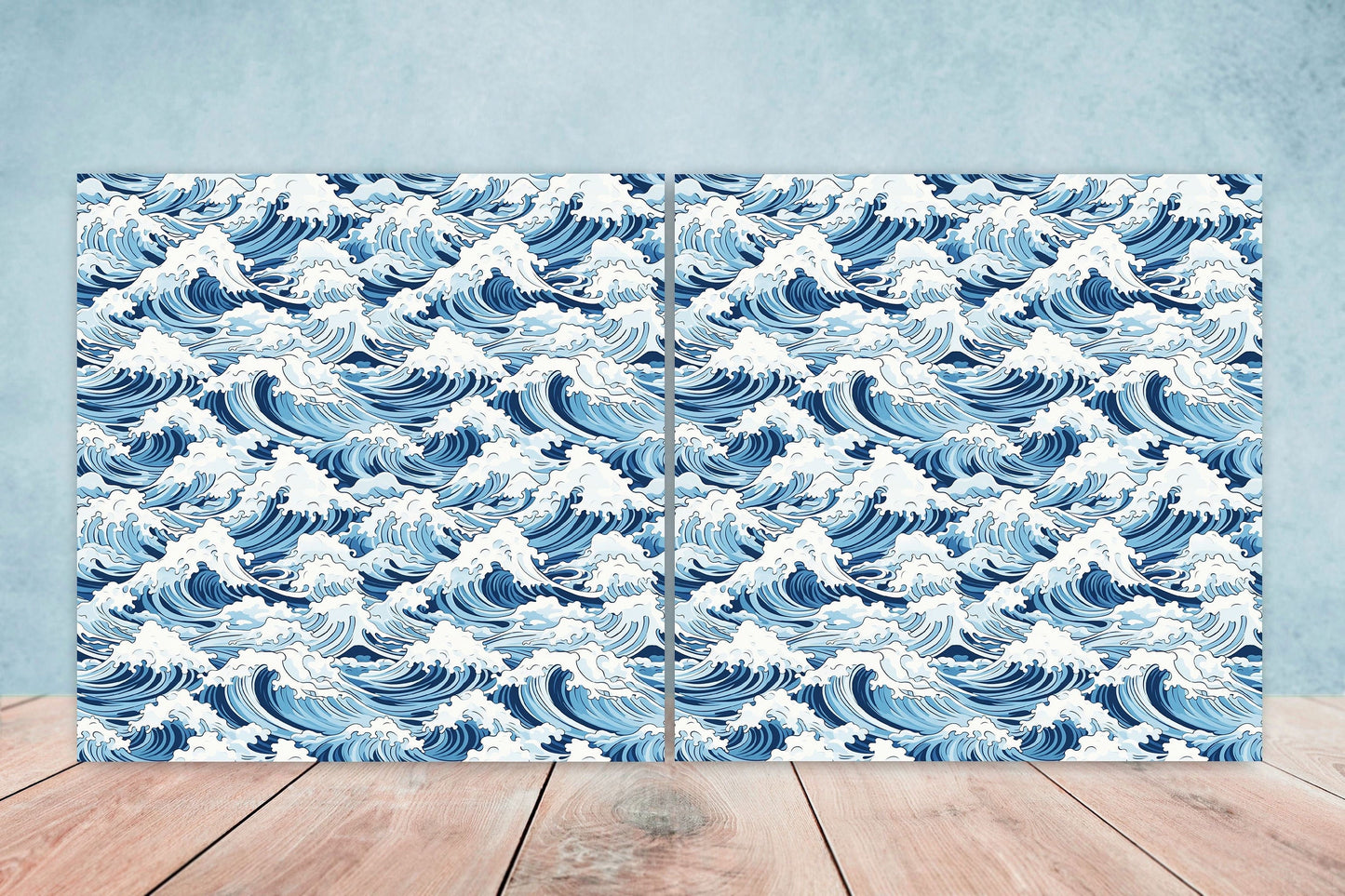 Japanese Wave Ceramic Tiles - Set of 2 Japan Wall Decor Tiles - Kitchen Backsplash Tiles, Table Decorative Tiles, Bathroom Tiles, Coaster
