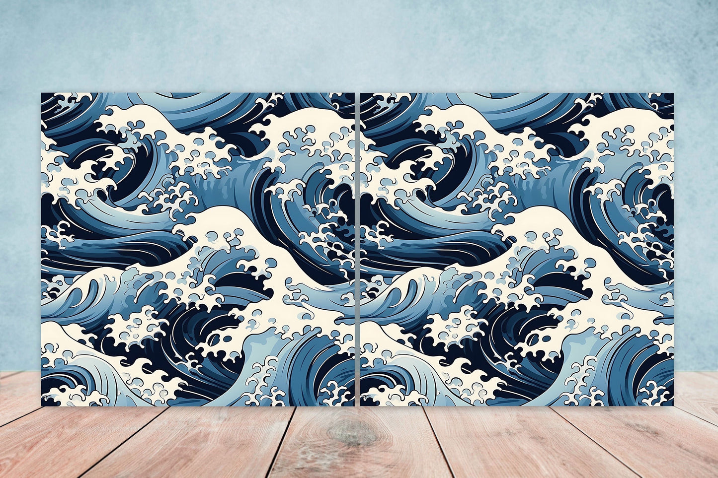 Japanese Wave Ceramic Tiles - Set of 2 Japan Wall Decor Tiles - Kitchen Backsplash Tiles, Table Decorative Tiles, Bathroom Tiles, Coaster