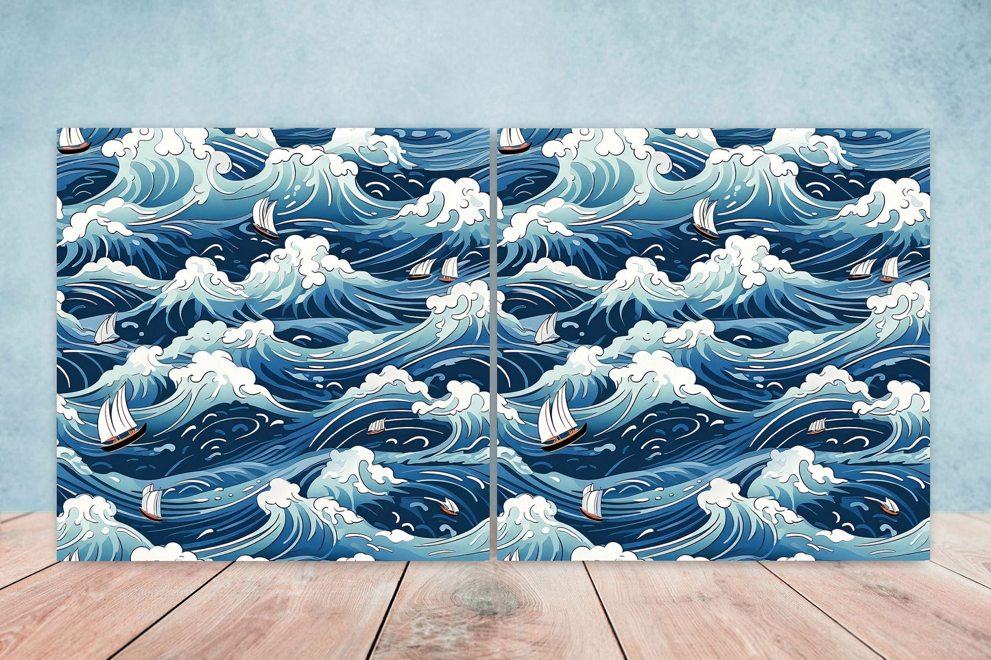 Japanese Wave Ceramic Tiles - Set of 2 Japan Wall Decor Tiles - Kitchen Backsplash Tiles, Table Decorative Tiles, Bathroom Tiles, Coaster