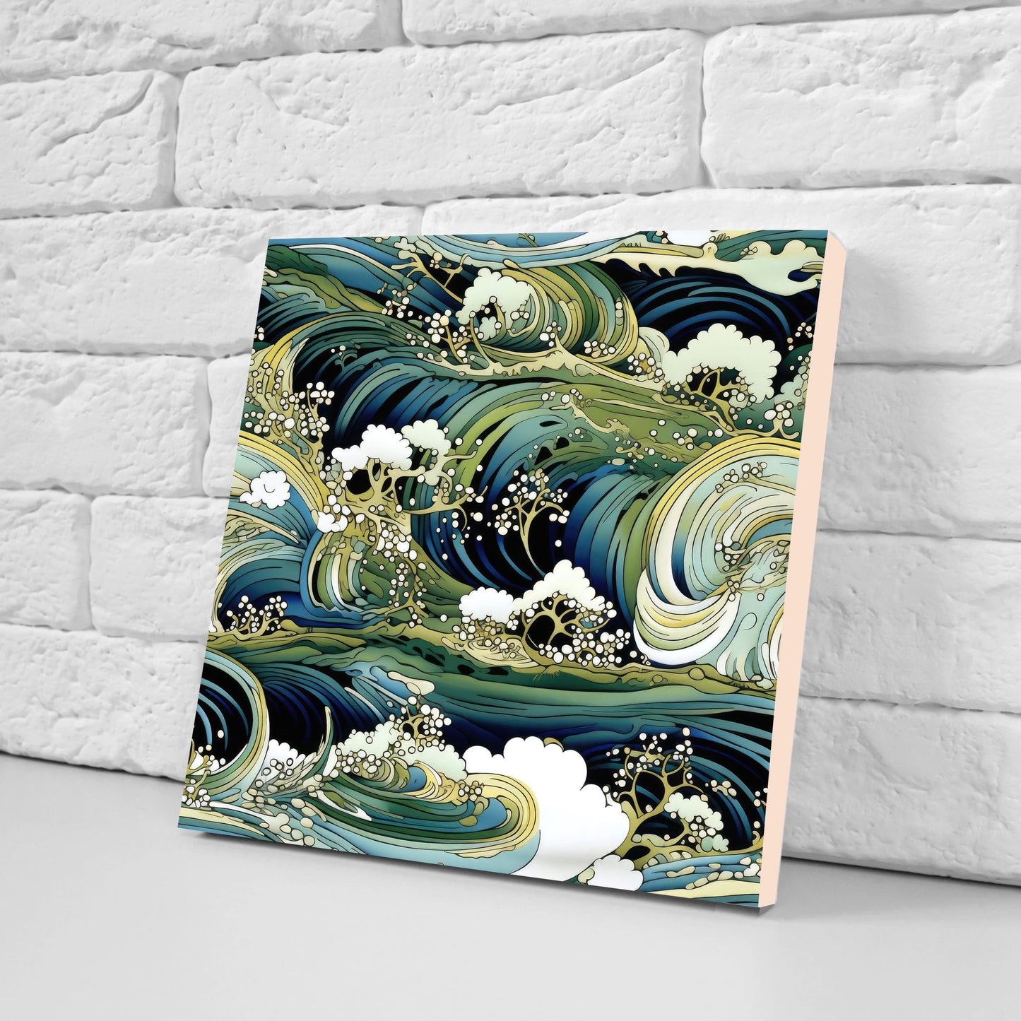 Japanese Wave Ceramic Tiles - Set of 2 Japan Wall Decor Tiles - Kitchen Backsplash Tiles, Table Decorative Tiles, Bathroom Tiles, Coaster