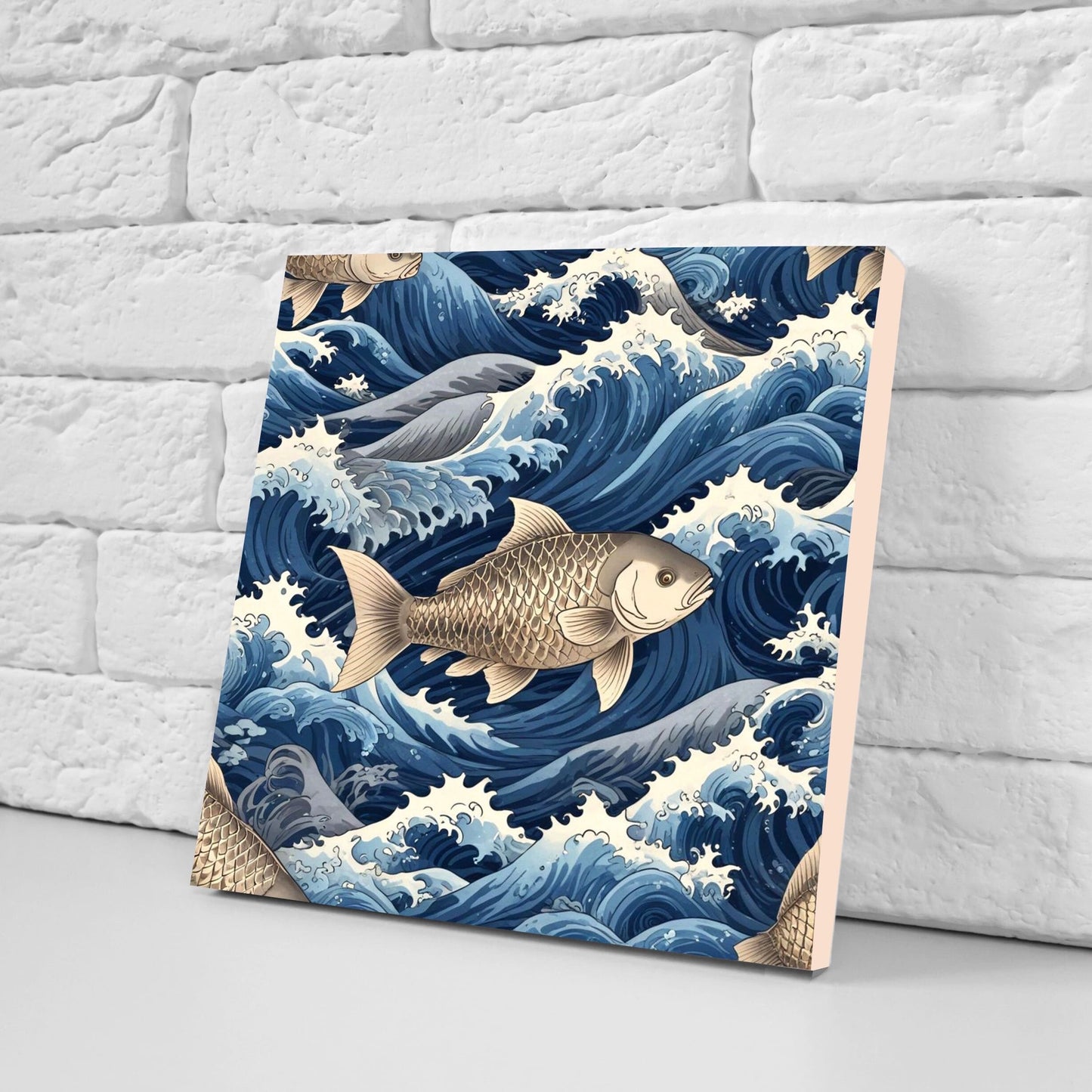 Carp Fish Ceramic Tile - Japanese Wave Tiles -Set of 2 Wall Decor Tiles -Kitchen Backsplash Tiles,Table Decorative Tiles,Bathroom, Coaster