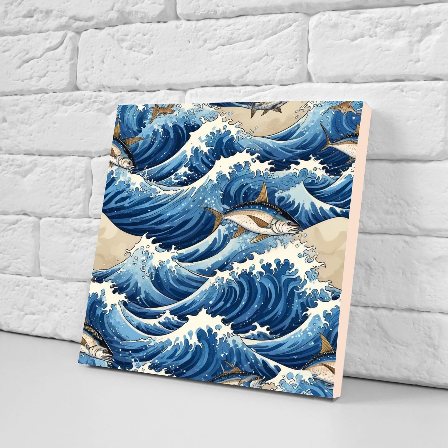 Carp Fish Ceramic Tile - Japanese Wave Tiles -Set of 2 Wall Decor Tiles -Kitchen Backsplash Tiles,Table Decorative Tiles,Bathroom, Coaster