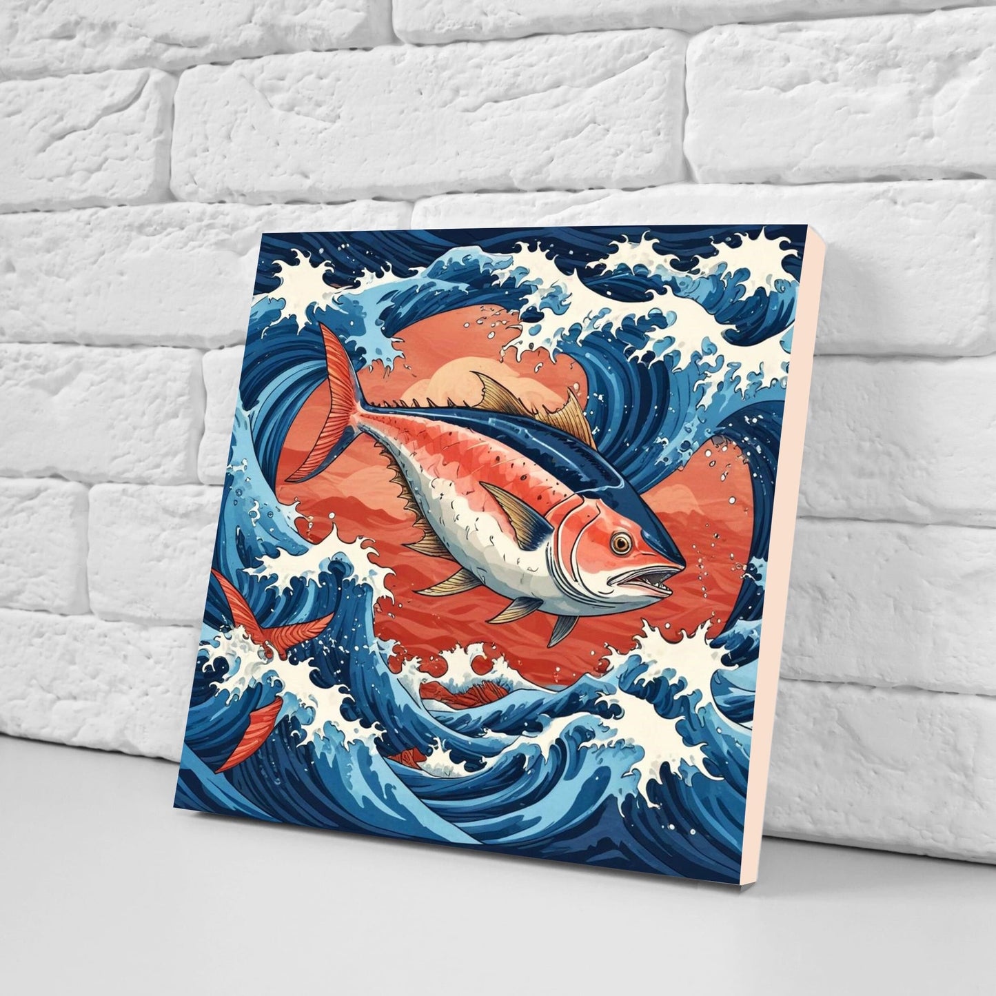 Carp Fish Ceramic Tile - Japanese Wave Tiles -Set of 2 Wall Decor Tiles -Kitchen Backsplash Tiles,Table Decorative Tiles,Bathroom, Coaster
