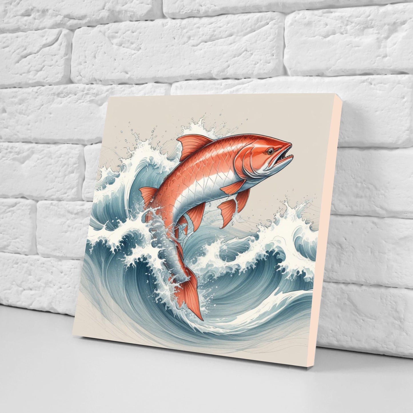 Salmon Fish Ceramic Tile - Japanese Wave Tiles -Set of 2 Wall Decor Tiles -Kitchen Backsplash Tiles,Table Decorative Tiles,Bathroom, Coaster
