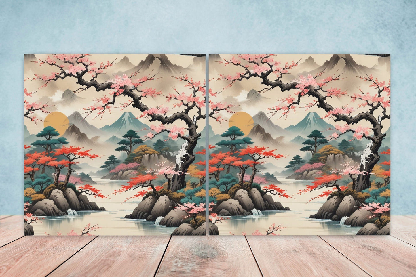 Japanese Ceramic Tiles - Japanese Landscape -Set of 2 Wall Decor Tiles -Kitchen Backsplash Tiles,Table Decorative Tiles,Bathroom, Coaster