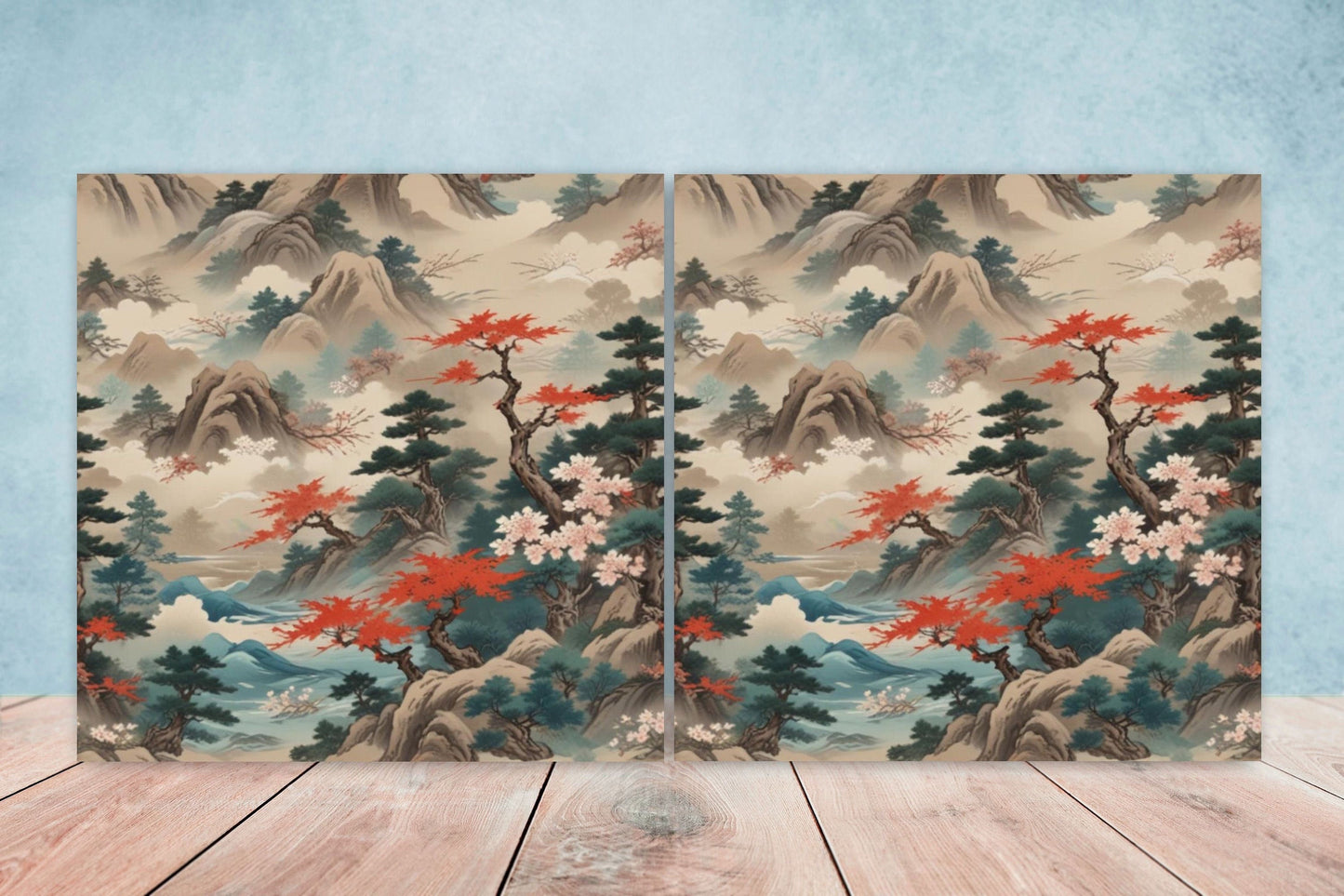 Japanese Ceramic Tiles - Japanese Landscape -Set of 2 Wall Decor Tiles -Kitchen Backsplash Tiles,Table Decorative Tiles,Bathroom, Coaster