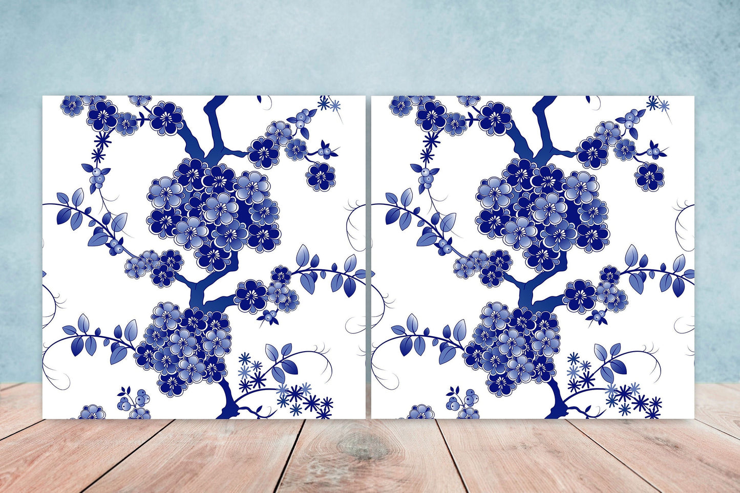 Japanese Ceramic Tiles Cherry Blossom Flower Design - Set of 2 Wall Décor Tiles - Kitchen Backsplash Tiles, Decorative Tiles, Bathroom Tiles