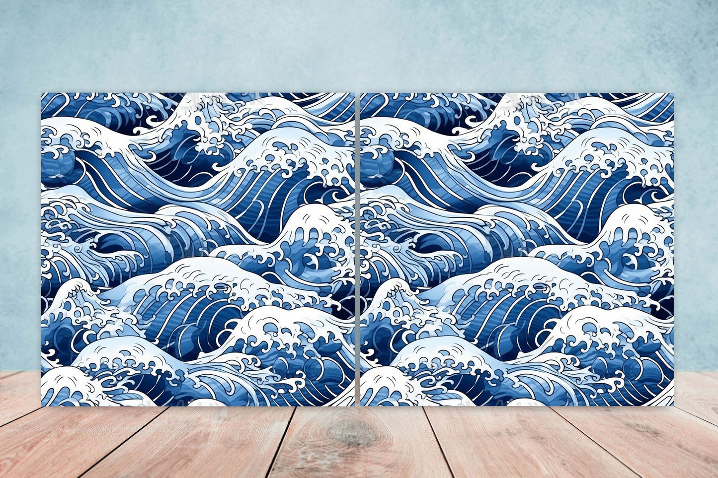 Japanese Wave Ceramic Tiles - Set of 2 Japan Wall Decor Tiles - Kitchen Backsplash Tiles, Table Decorative Tiles, Bathroom Tiles, Coaster