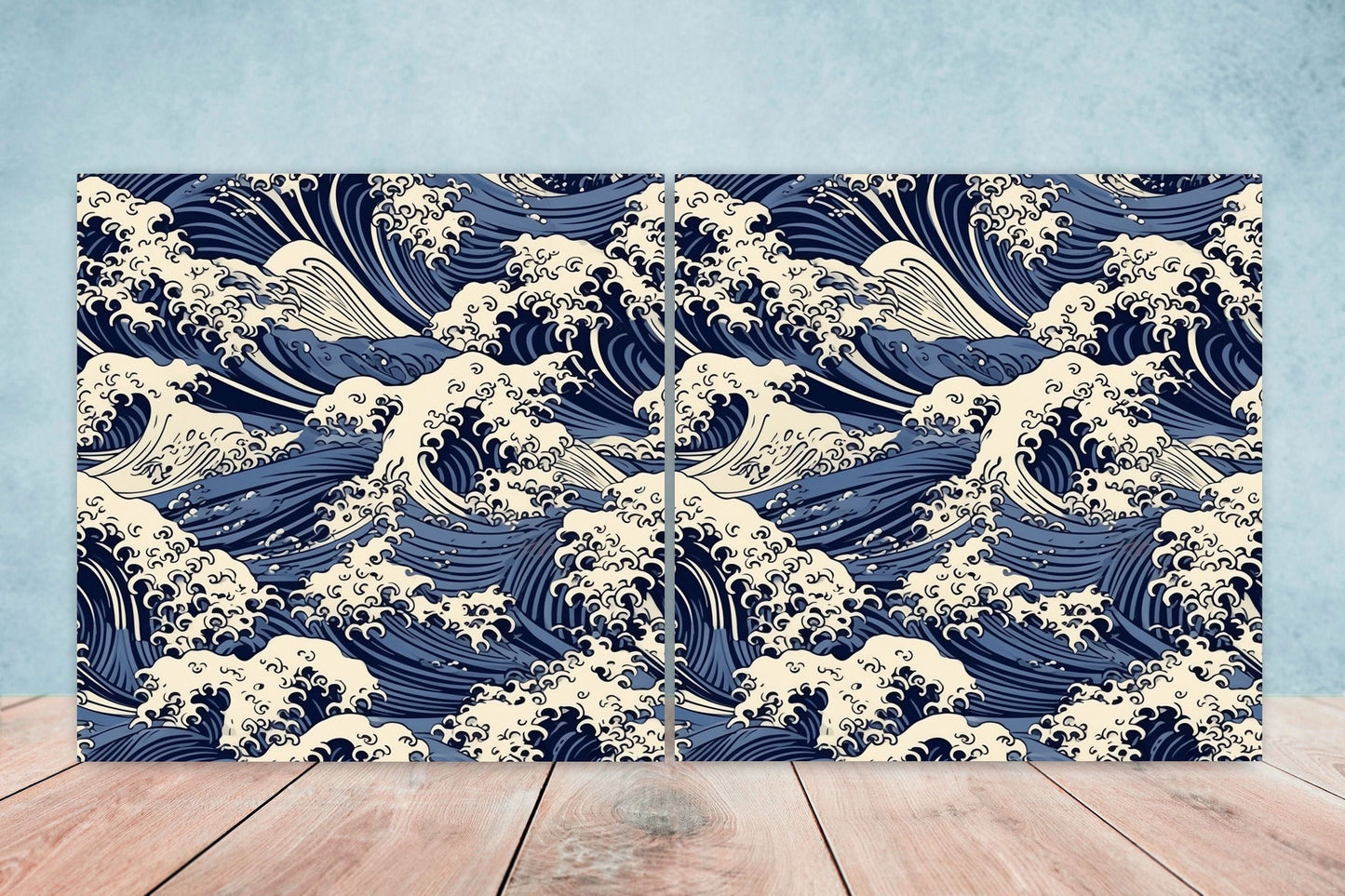 Japanese Wave Ceramic Tiles - Set of 2 Japan Wall Decor Tiles - Kitchen Backsplash Tiles, Table Decorative Tiles, Bathroom Tiles, Coaster