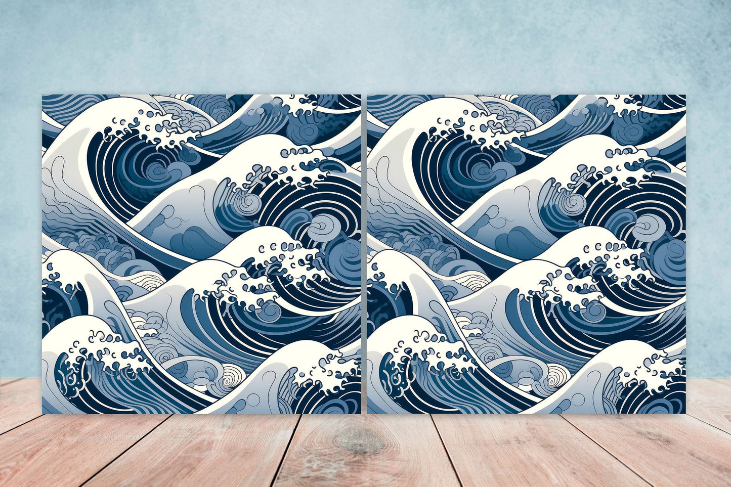 Japanese Wave Ceramic Tiles - Set of 2 Japan Wall Decor Tiles - Kitchen Backsplash Tiles, Table Decorative Tiles, Bathroom Tiles, Coaster
