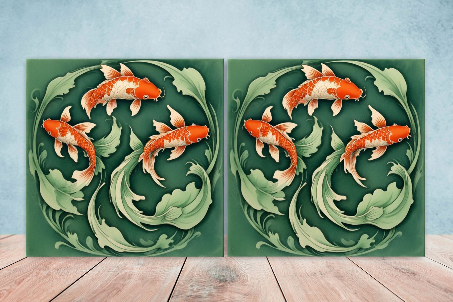 Koi Fish Ceramic Tile - Japanese Tiles -Set of 2 Wall Decor Tiles -Kitchen Backsplash Tiles,Table Decorative Tiles,Bathroom, Coaster