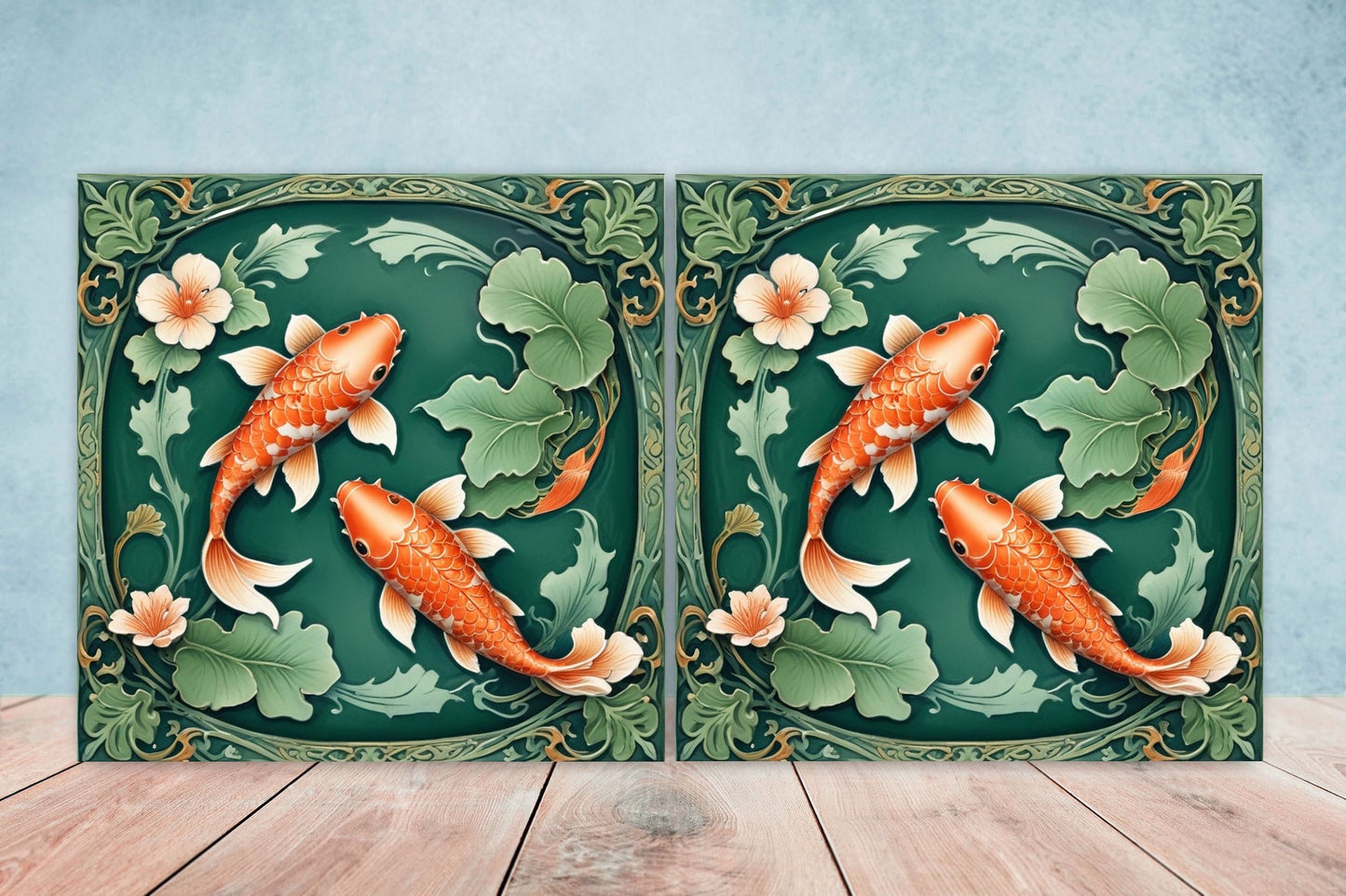 Koi Fish Ceramic Tile - Japanese Tiles -Set of 2 Wall Decor Tiles -Kitchen Backsplash Tiles,Table Decorative Tiles,Bathroom, Coaster