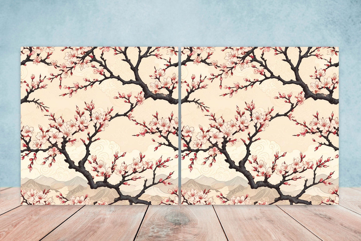 Japanese Ceramic Tiles Cherry Blossom Flower Design - Set of 2 Wall Décor Tiles - Kitchen Backsplash Tiles, Decorative Tiles, Bathroom Tiles