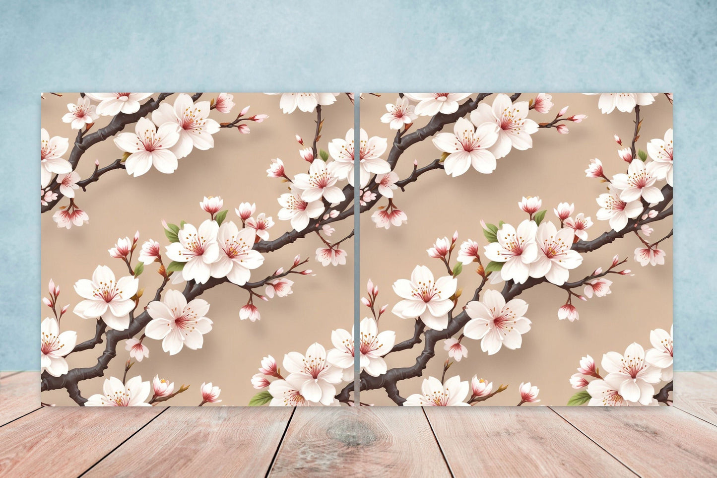 Japanese Ceramic Tiles Cherry Blossom Flower Design - Set of 2 Wall Décor Tiles - Kitchen Backsplash Tiles, Decorative Tiles, Bathroom Tiles