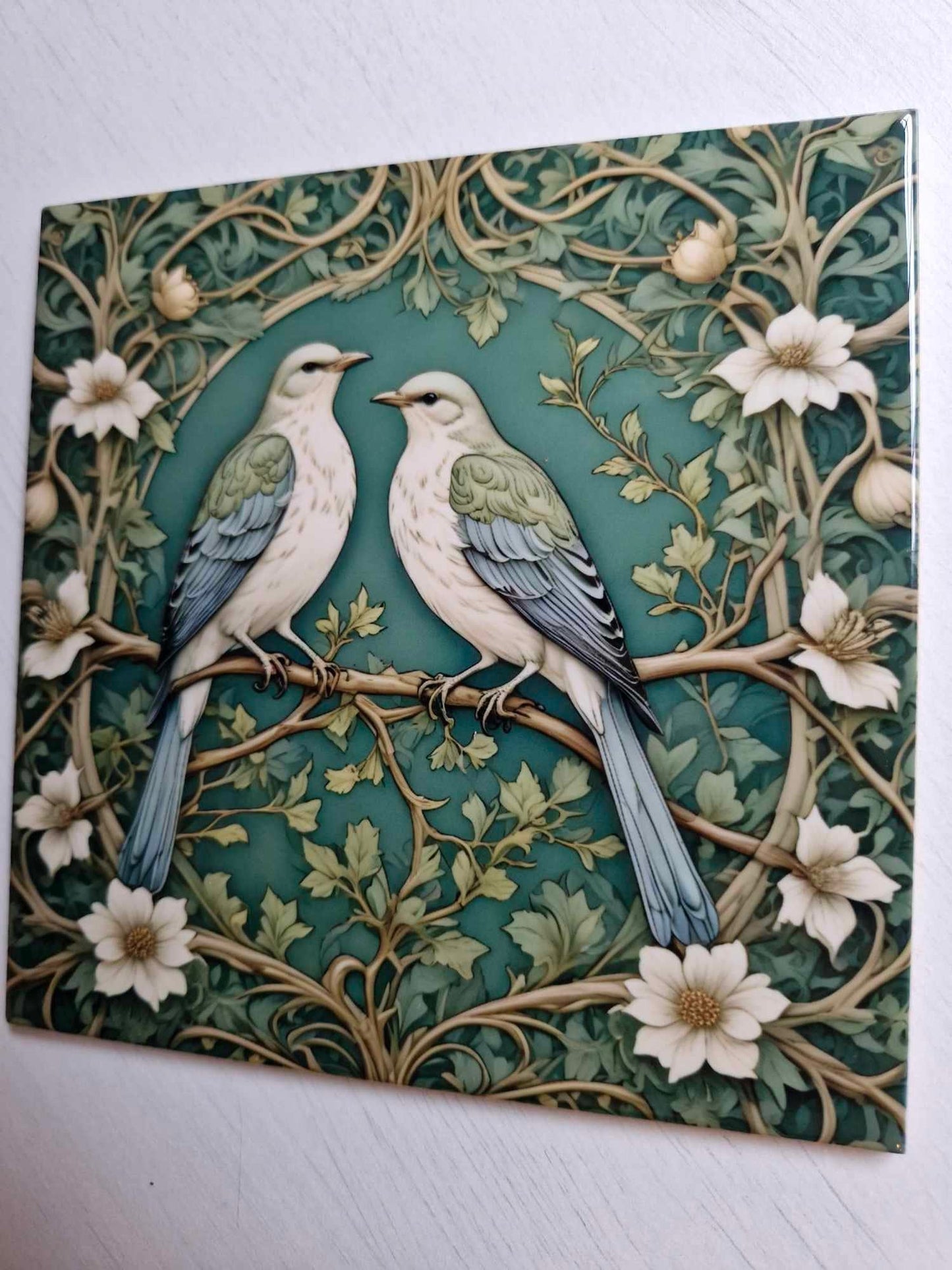 Art Nouveau Mockingbird Ceramic tiles - Set of 2 Art Nouveau Bird Wall Decor Tiles - Kitchen Backsplash Tiles, Bathroom Tiles, Shower tiles