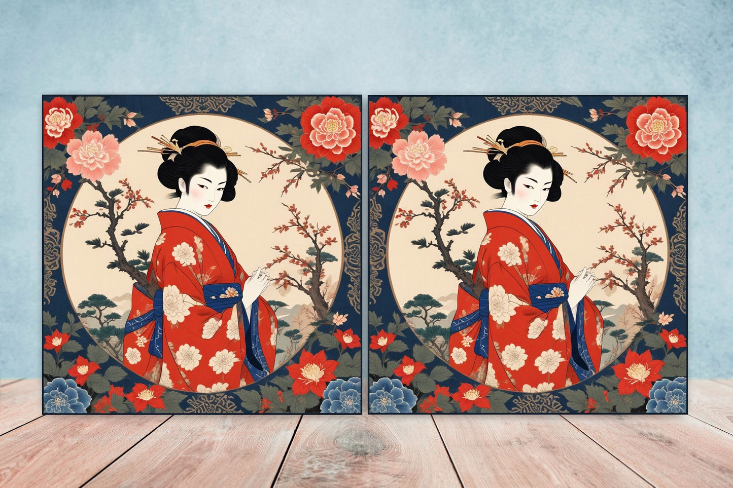 Japanese Ceramic Tiles - Japanese Geisha -Set of 2 Wall Decor Flower tiles -Kitchen Backsplash Tiles,Table Decorative Tiles,Bathroom,Coaster