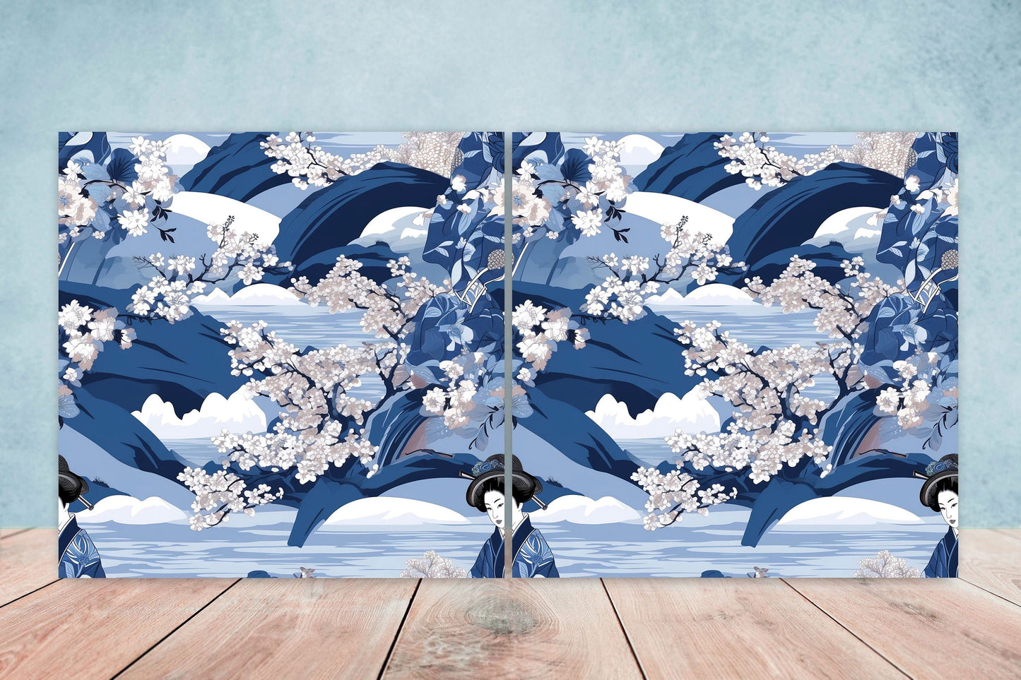 Japanese Ceramic Tiles Cherry Blossom Flower Design - Set of 2 Wall Décor Tiles - Kitchen Backsplash Tiles, Decorative Tiles, Bathroom Tiles