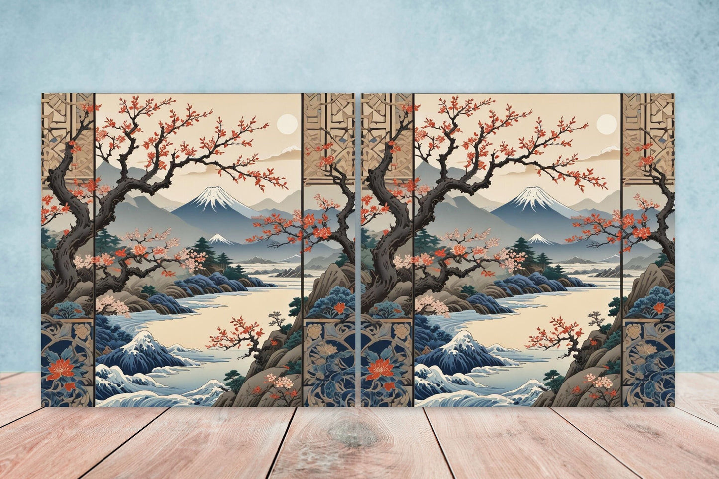 Japanese Ceramic Tiles - Japanese Landscape -Set of 2 Wall Decor Tiles -Kitchen Backsplash Tiles,Table Decorative Tiles,Bathroom, Coaster