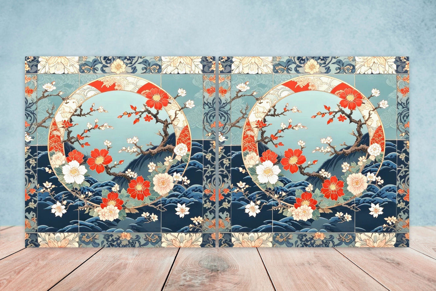 Japanese Ceramic Tiles Cherry Blossom Flower Design - Set of 2 Wall Décor Tiles - Kitchen Backsplash Tiles, Decorative Tiles, Bathroom Tiles