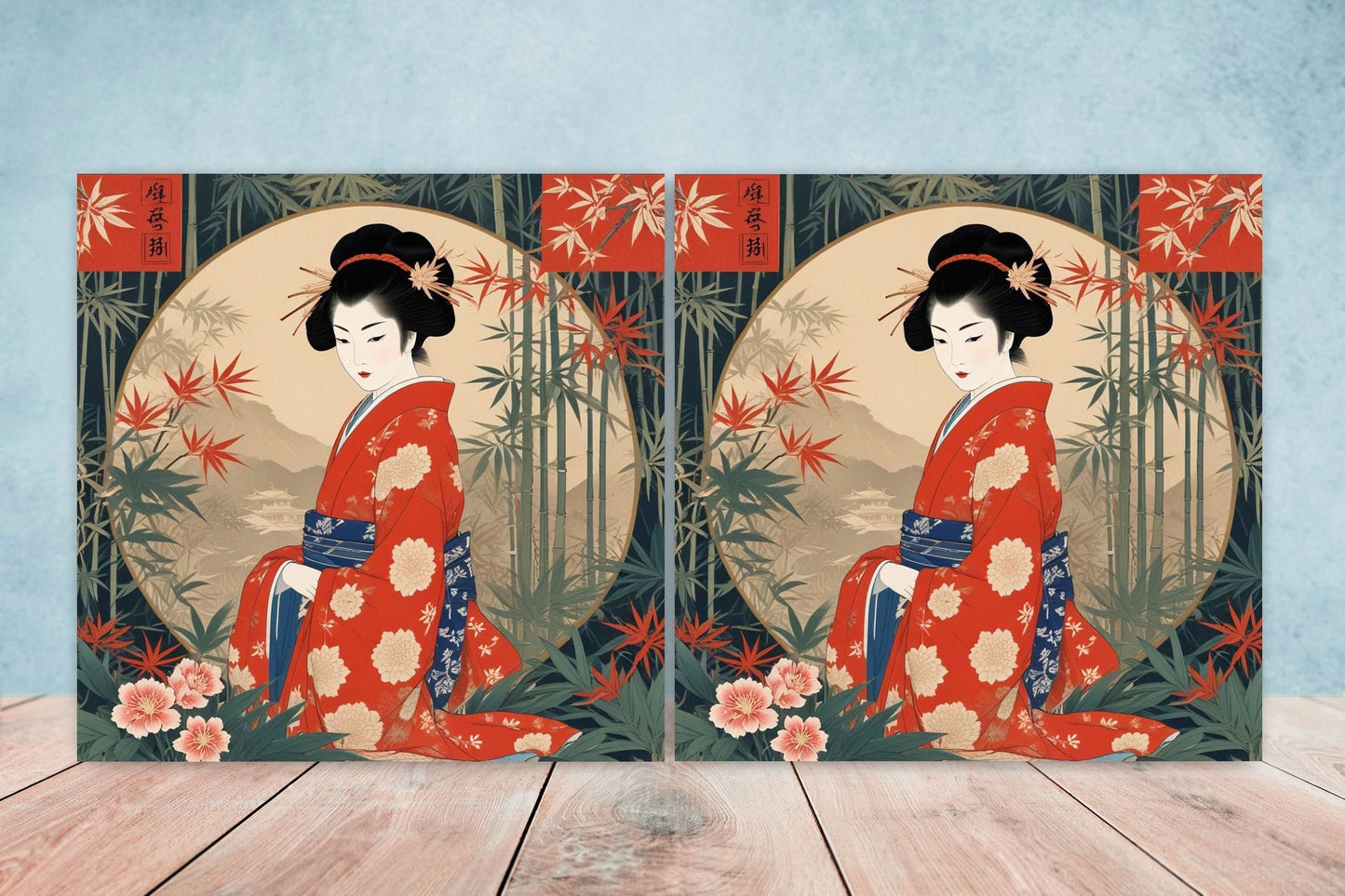 Japanese Ceramic Tiles - Japanese Geisha -Set of 2 Wall Decor Flower tiles -Kitchen Backsplash Tiles,Table Decorative Tiles,Bathroom,Coaster