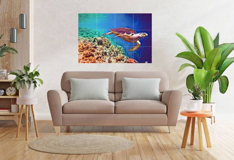 Sea Turtle Mosaic Tile Mural |Turtle Tile Backsplash, Wall Art & Home Decor | Sea Turtle Tile,Turtle Wall Art,Sea Animal Print, Turtle Print