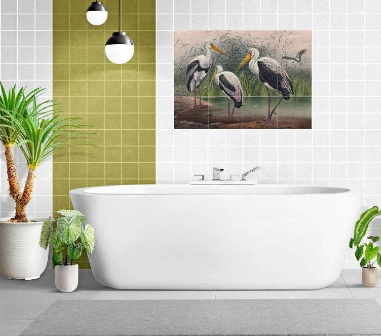 Tile Mural/Mosaic Ceramic Panel of Joseph Wolf Indian Wood Ibis - Ibis wall print - Wood Ibis - Tile Mural - Gloss Tiles - Bird Tile Mosaic