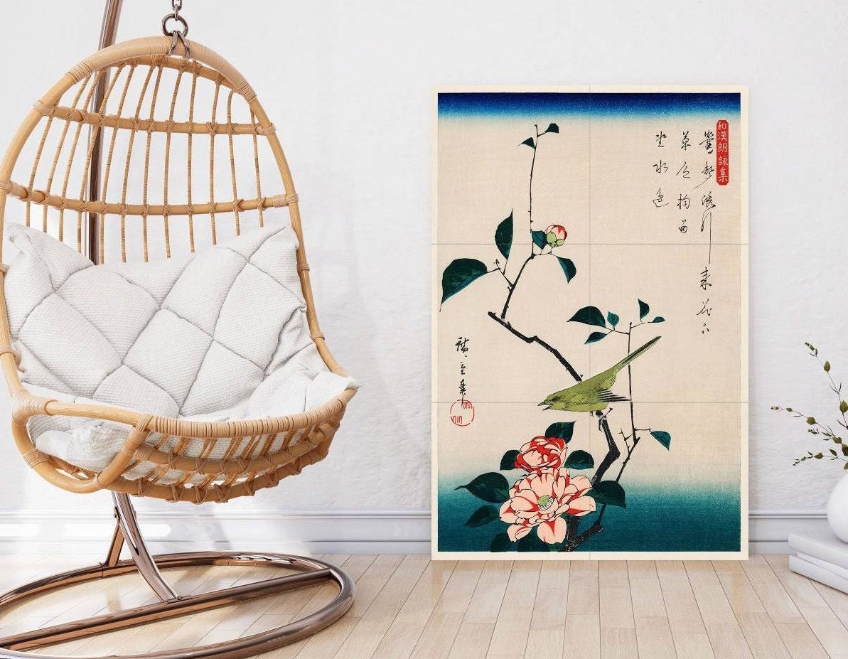 Tile Mural/Mosaic Ceramic Panel of Utagawa Hiroshige Camellia and Nightingale - Bird Mural Art -Japanese print - Gloss Tiles - Tile Mosaic