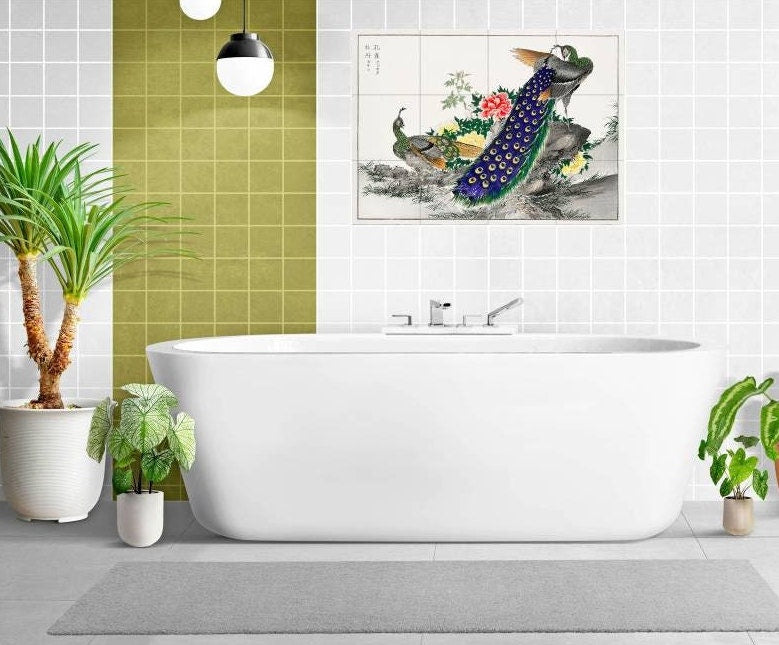Tile Mural/Mosaic Ceramic Panel of Numata Kashu Peacock and Peony - Numata Kashu print - Japanese wall print -Peacock print - Japanese Mural