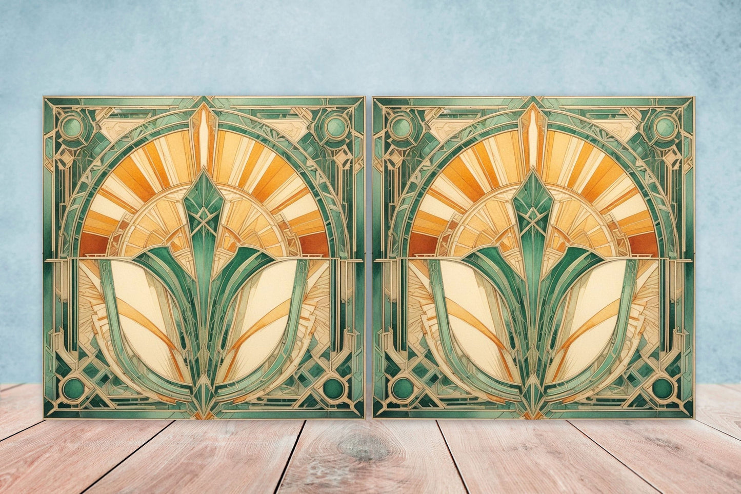 Art Deco Ceramic tiles - Set of 2 Art Deco Wall Decor Geometric Tiles - Kitchen Backsplash Tiles, Table Decorative Tiles, Bathroom Tiles