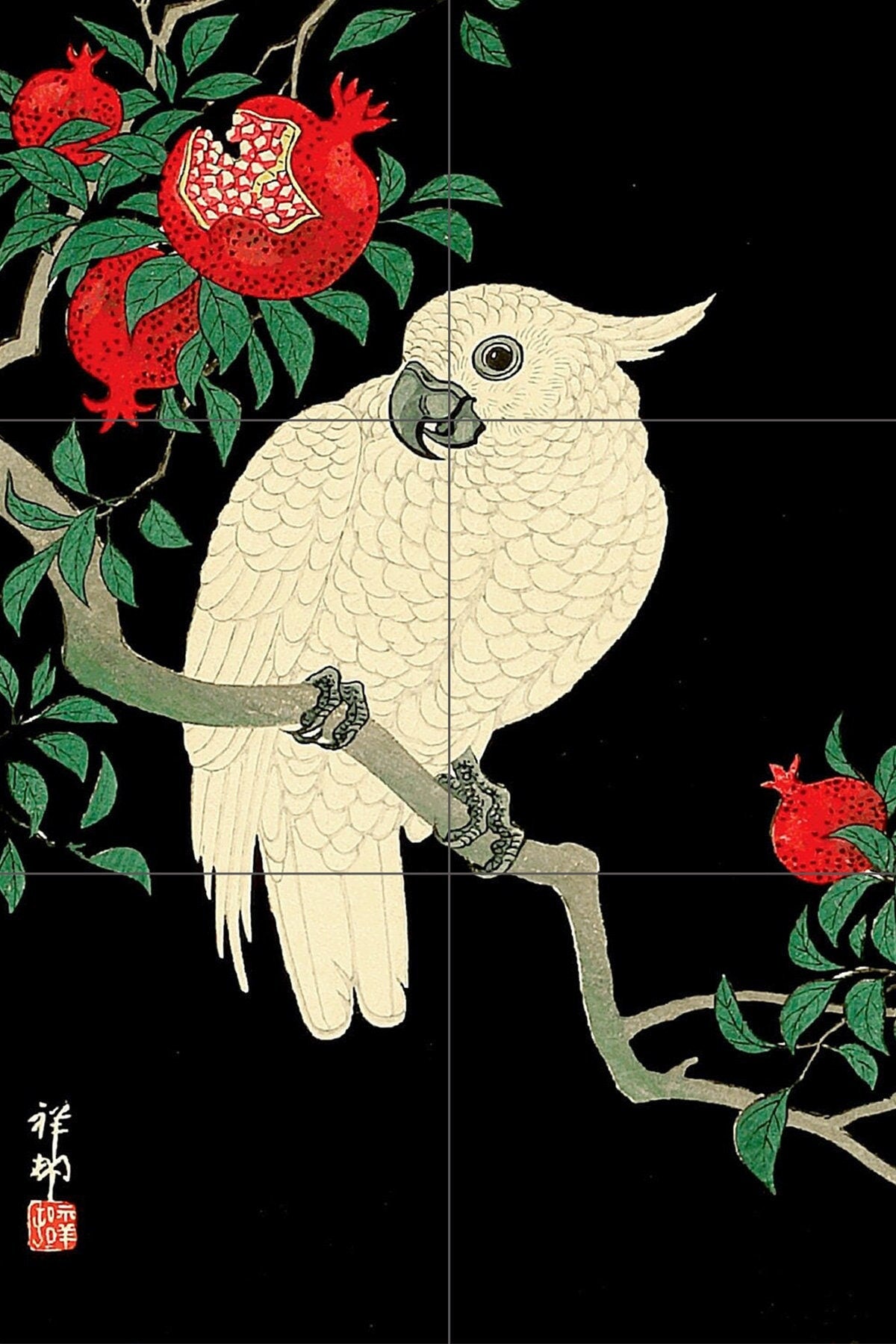Tile Mural/Mosaic Ceramic Panel of Cockatoo and Pomegranate by Ohara Koson- Koson Wall Art -Tile Mural - Gloss Tiles - Tile Mosaic