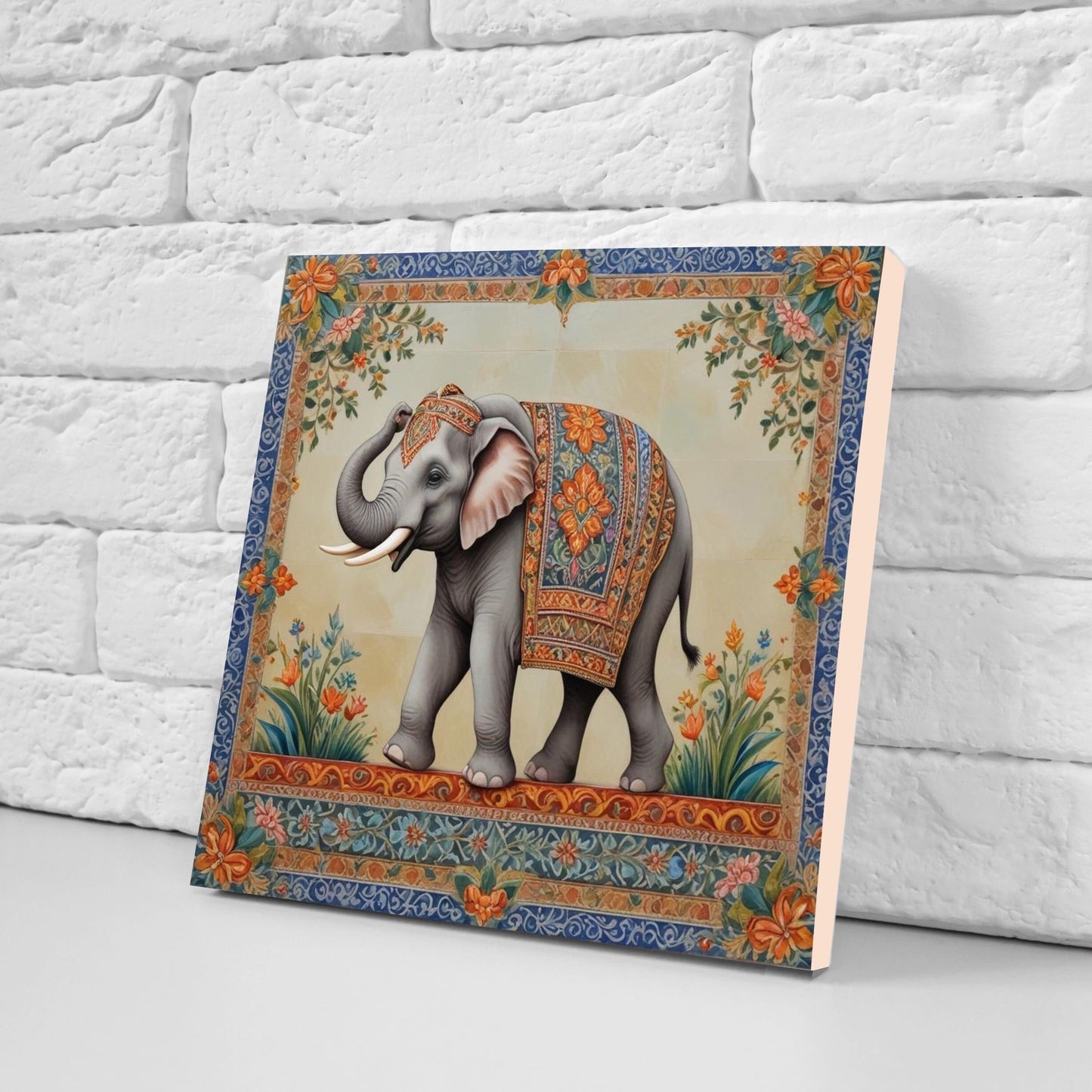 Indian Elephant Ceramic Gloss Wall Tiles Set of 2 - Elephant Wall Art Print - Elephant Mughal art - Elephant Home Decor - Elephant print