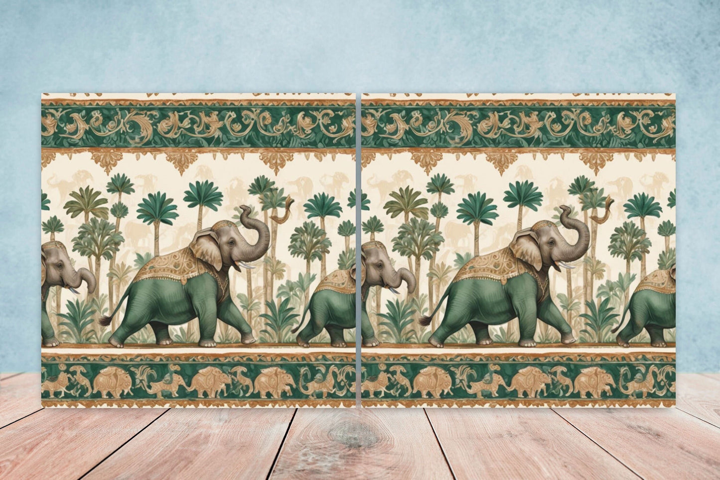 Indian Elephant Ceramic Gloss Wall Tiles Set of 2 - Elephant Wall Art Print - Elephant Mughal art - Elephant Home Decor - Elephant print